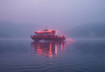 Red light illuminated boat or ferry on a misty lake at night with reflection