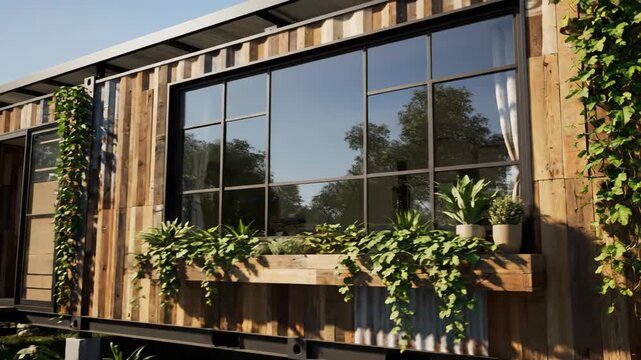 Exterior View of Modern Tiny House on Sunny Day in Rural Location With Wood Siding and Vines