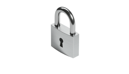 A shiny, silver metal padlock with a curved shackle on a solid black background