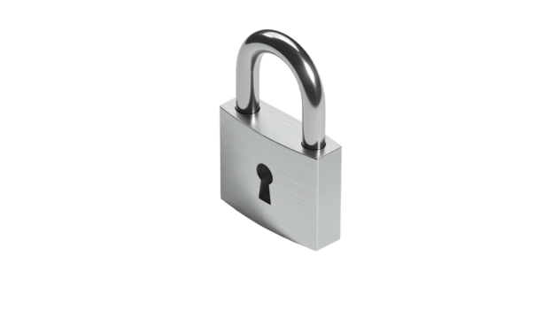A shiny, silver metal padlock with a curved shackle on a solid black background