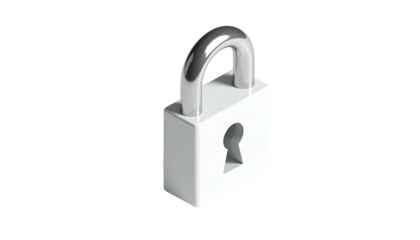 A shiny, white padlock with a silver shackle, set against a stark black background