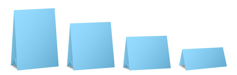 Set of table cards. Light blue bent sheets of different sizes. Tent table card, nameplate