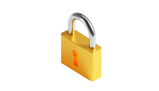 Isometric view of a shiny, gold padlock against a stark, black background