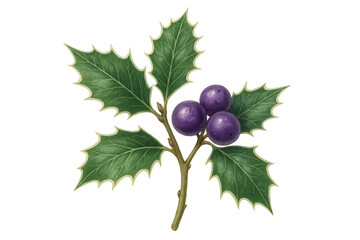 Holly sprig with purple berries botanical illustration on transparent background, vintage drawing style