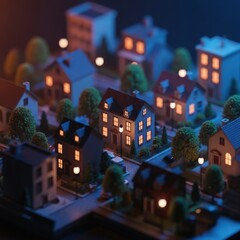 Miniature illuminated cityscape displaying a serene evening atmosphere with cozy lights