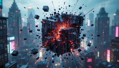 Cyberpunk Data Collapse - Exploding Red Cube Structure AI-Generated for Film VFX, Game Trailers