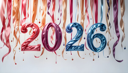 2026 New Year Balloon Numbers with Ribbons on White Background Metallic Pink and Blue Digits with Hanging Streamers in Red, Orange, and Blue