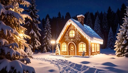Enchanting gingerbread house glowing warmly in a snow covered winter forest at night.