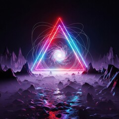 Iridescent triangle gate amidst a desolate and misty alien landscape revelation