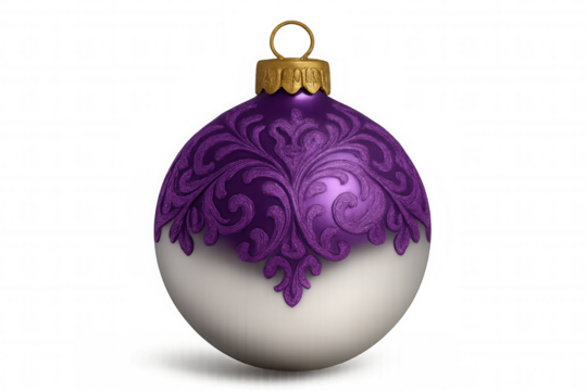 Purple and white christmas ornament with detailed baroque pattern on transparent background
