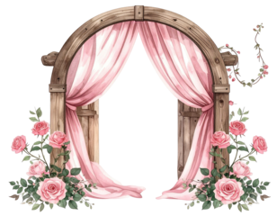 Wooden archway, pink drapes, floral accents