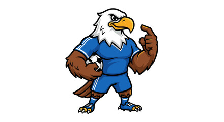 Naklejka premium Cartoon eagle mascot in soccer uniform holding a ball with determination gaze