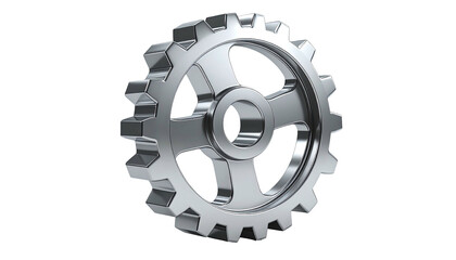 Shiny, metallic gear with prominent teeth, floating against a black background