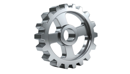 Shiny, metallic gear with prominent teeth, floating against a black background
