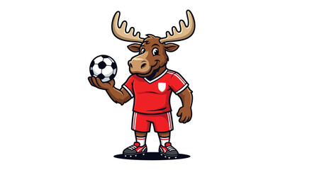 Funny moose cartoon character playing soccer wearing sport outfit isolated on white background