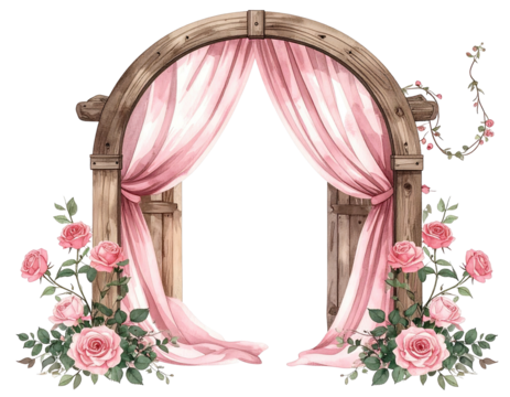 Wooden archway, pink drapes, floral accents