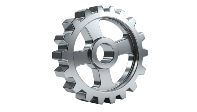 Shiny, metallic gear with prominent teeth, floating against a black background