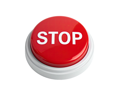 A glossy red button, with "STOP" in white, set on a white base. Black background