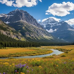 Spectacular mountain landscape with wildflowers and river in Canada