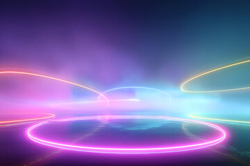 Neon Stage: A vibrant, futuristic stage, illuminated by swirling neon lights and a captivating glow, invites the viewer into an atmosphere of energetic celebration and innovation.