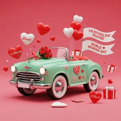 Charming vintage car delivering love, a celebration of Valentine's and Women's Day