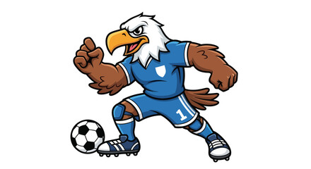 Eagle Mascot Cartoon Character Playing Soccer with Passion and Determination for Victory