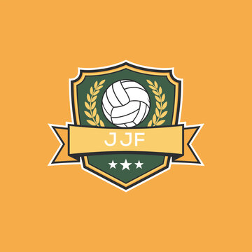 JJF Volleyball Logo Design JJF Modern Sports Shield Emblem with Ball, Laurel and Ribbon for Volleyball Club, JJF Tournament and Team Branding
