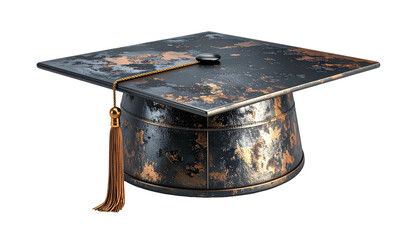 Weathered, metallic graduation cap with tassel, appearing vintage and worn