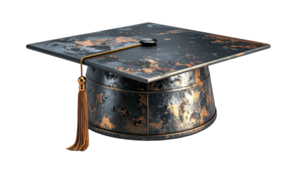 Weathered, metallic graduation cap with tassel, appearing vintage and worn