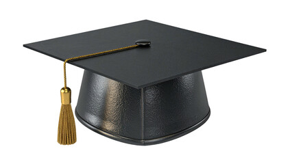 A square black academic cap with a golden tassel and string