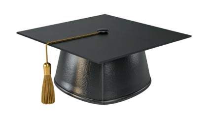A square black academic cap with a golden tassel and string