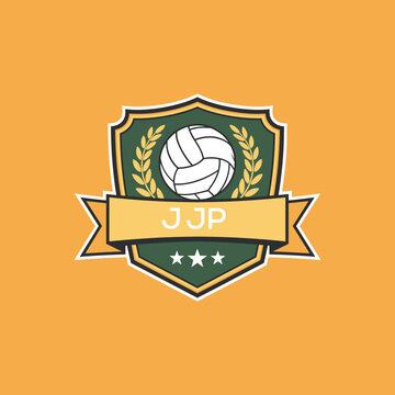 JJP Volleyball Logo Design JJP Modern Sports Shield Emblem with Ball, Laurel and Ribbon for Volleyball Club, JJP Tournament and Team Branding
