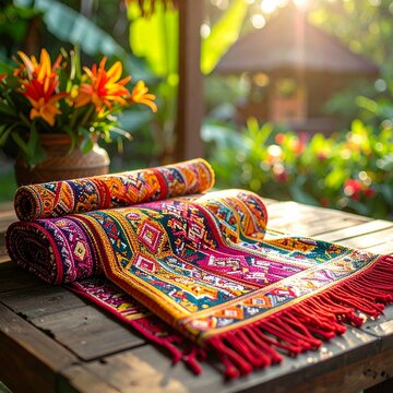 Macro Photography Of Traditional Balinese Endek Fabric With Geometric Patterns And Vibrant Colors Draped On Wooden Table