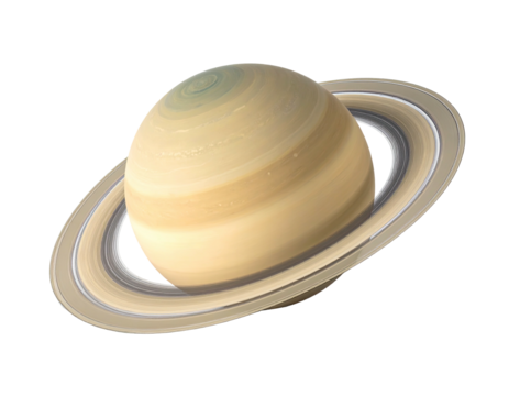 Saturn, a pale, yellowish-tan planet, with prominent rings