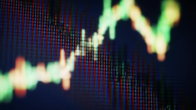 Abstract Stock Chart Line Animation on Digital Display Screen Macro Shot Showing Red Blue Green Color Shifts for Financial Data Analysis Background Loop 190 chars