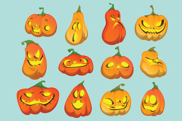 Scary Halloween pumpkins with light inside Vector