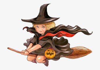 Witch on broom illustration, Halloween design