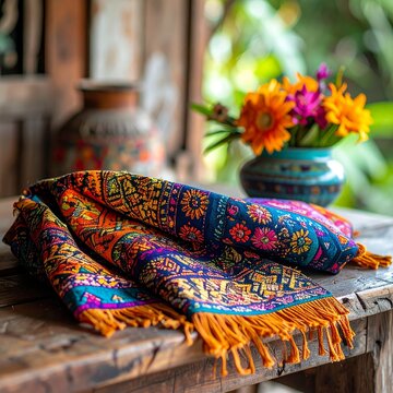 Traditional Balinese Endek Woven Fabric With Vibrant Colors And Geometric Patterns Draped On Wooden Table