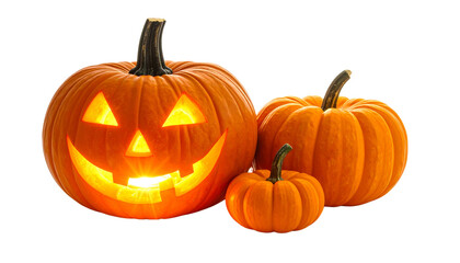 Halloween jack-o'-lantern pumpkin glowing with spooky candlelight next to a smaller pumpkin isolated on solid white background in Png