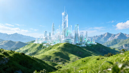 Fototapeta premium Green Mountain Future Tech Eco-City Landscape