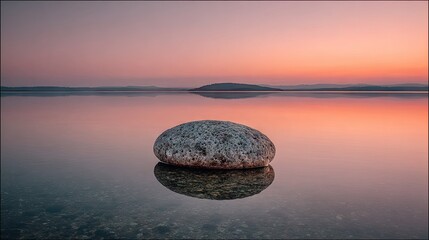 Serene lake scene with a solitary rock at dawn.
