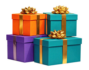 Stack of colorful gift boxes with gold ribbon