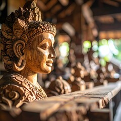 Obraz premium Close-Up Of Balinese Wooden Sculpture Hand-Carved With Intricate Details In Artisan Workshop