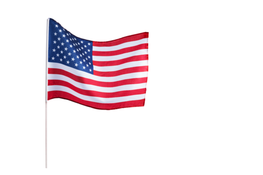 Stars and stripes waving flag of the United States isolated on transparent background. American flag is excellent for 4th of July, Veterans Day, and graphic design use.