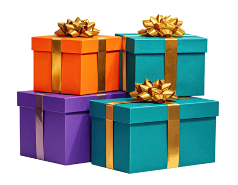 Stack of colorful gift boxes with gold ribbon