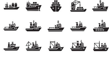 Set of various ship and boat icons simple flat vector glyph design isolated on white background for web and mobile apps