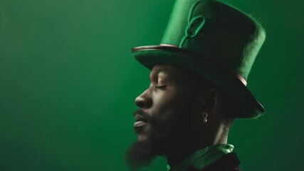 Man wearing a tall green hat with a thoughtful expression against a vibrant green background.