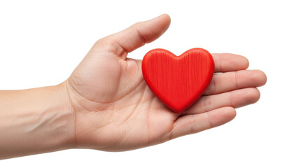 Isolated hand offering red wooden heart representing love, health, and charitable giving