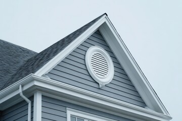 Gable roof circular vent allowing air circulation on clear day. Ventilation of the house. Fascia and Ridge. Grey metal tiles roof. Siding house exterior. Outdoor air conditioning. Architectural Detail