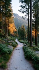 Obraz premium Scenic Hiking Trail Winding Through Forest With Trees And Mountain Landscape Under Sunlight